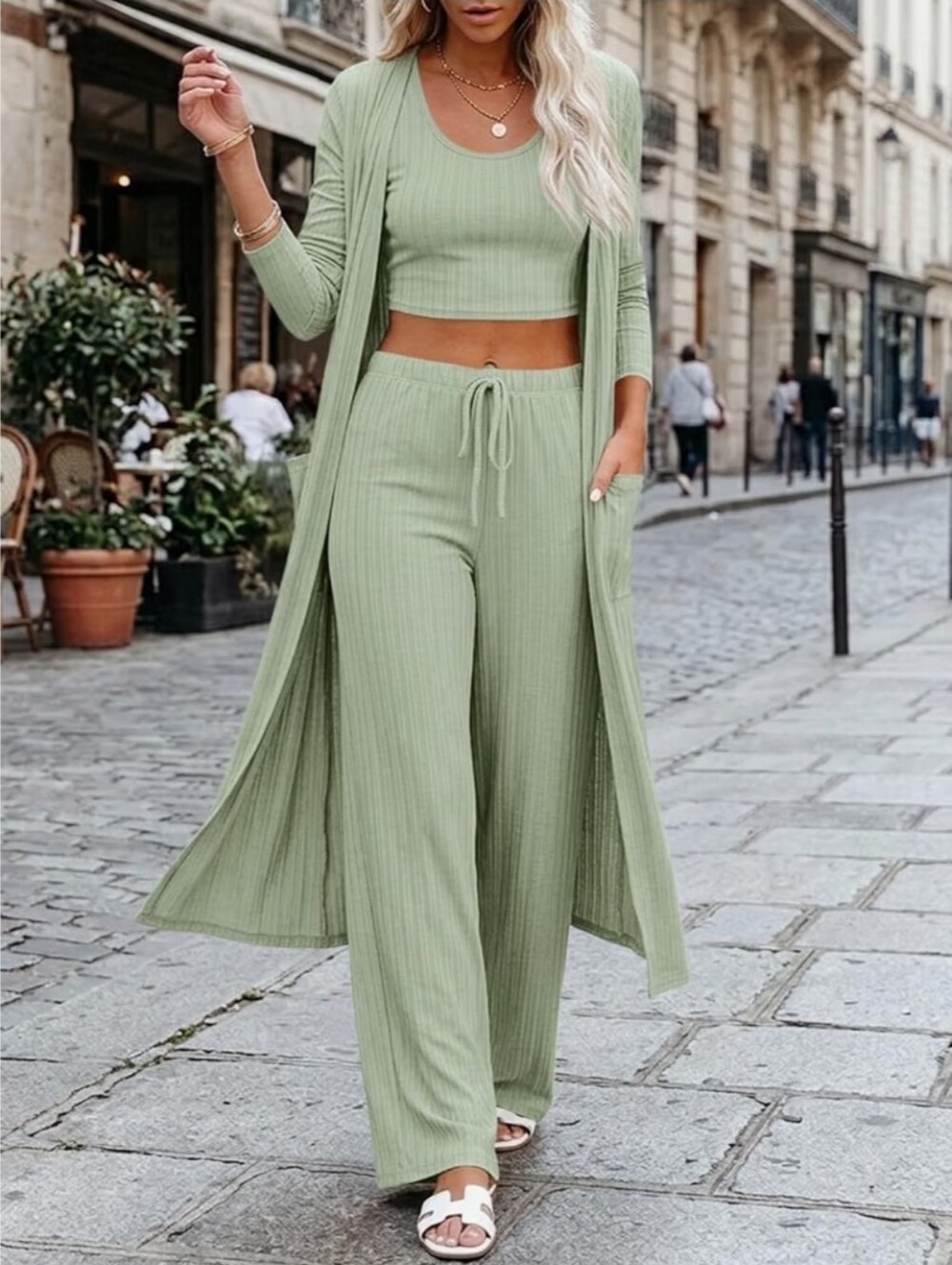 3pcs Lounge Set Long Sleeve Cardigan Sleeveless Top Pants Sweatsuit